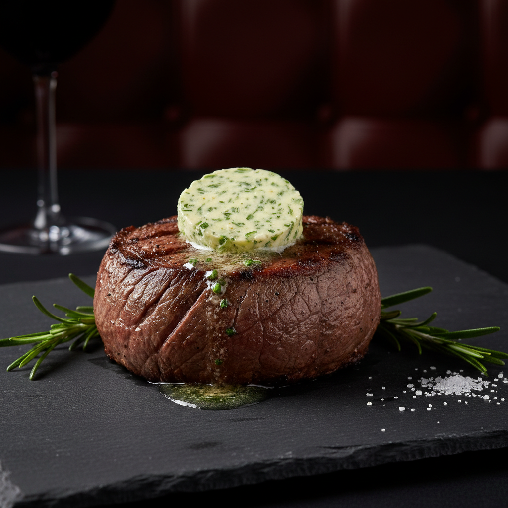 Filet Mignon steak on dark slate with herb butter and rosemary