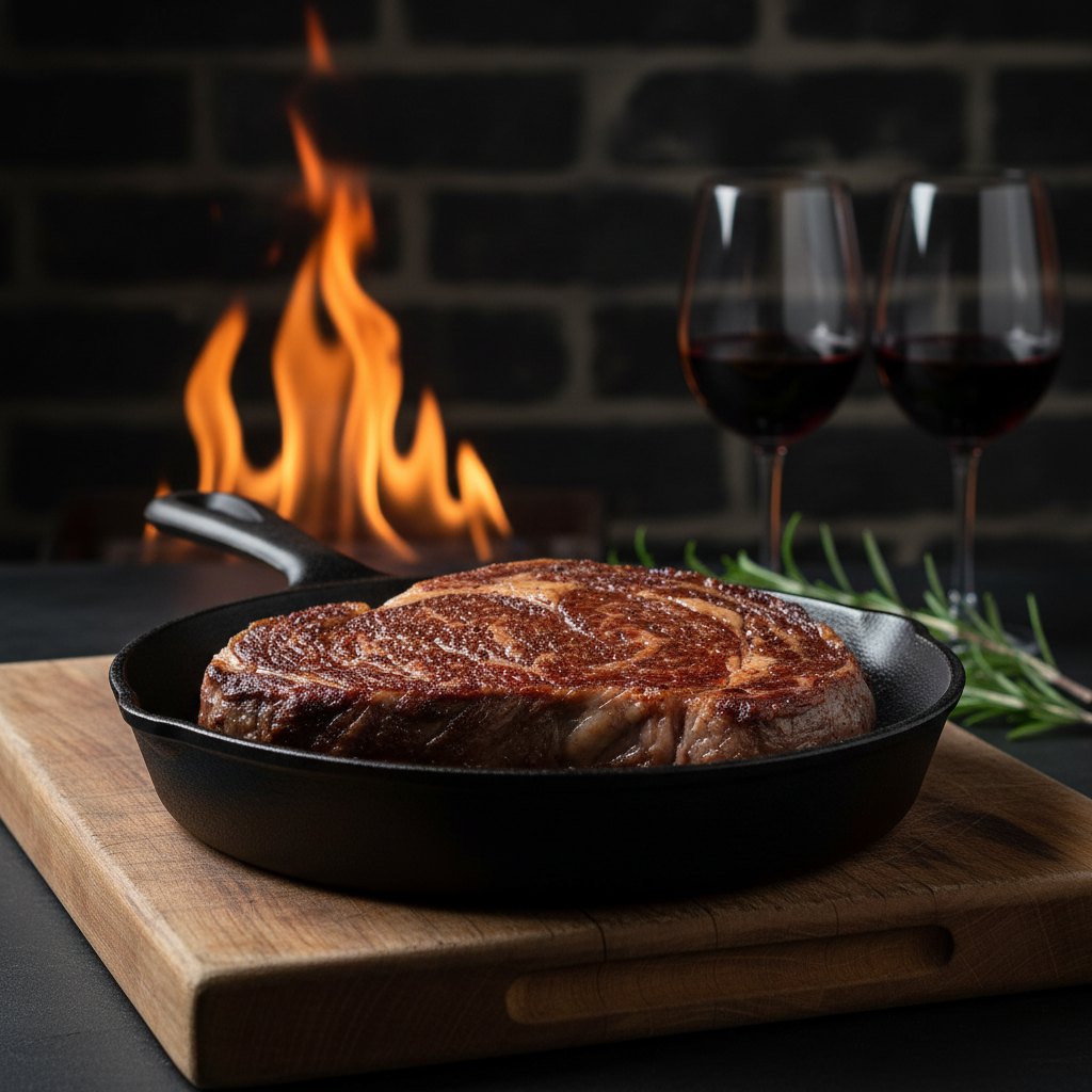 Ribeye steak in cast iron skillet with open flame and red wine
