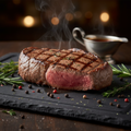 Sirloin steak with crosshatch grill marks on dark stone surface