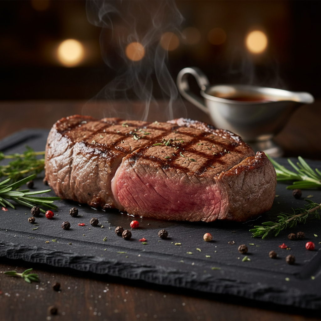 Sirloin steak with crosshatch grill marks on dark stone surface