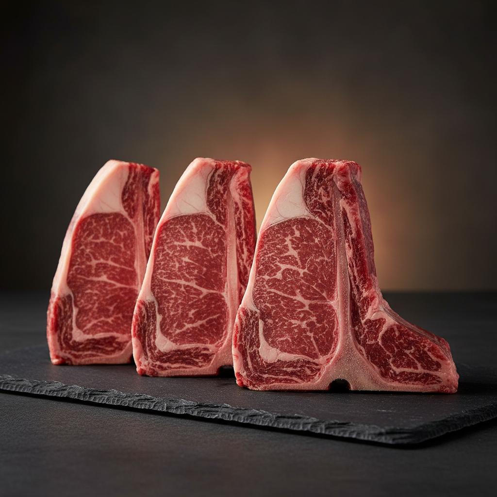 Bone-In NY Strip KC Cut 18oz steaks on dark slate