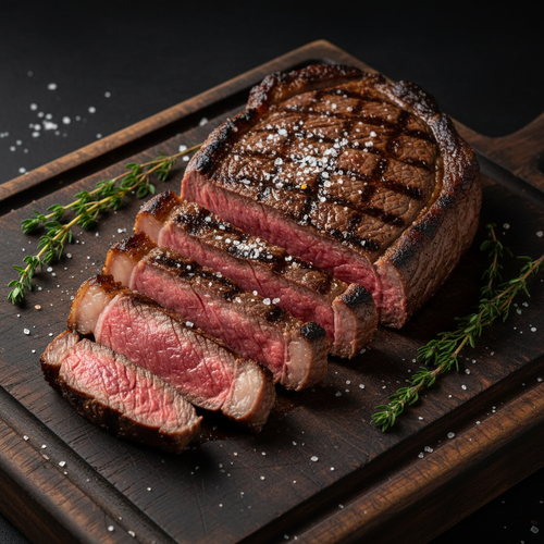 NY Strip steak sliced on dark wood cutting board with sea salt flakes