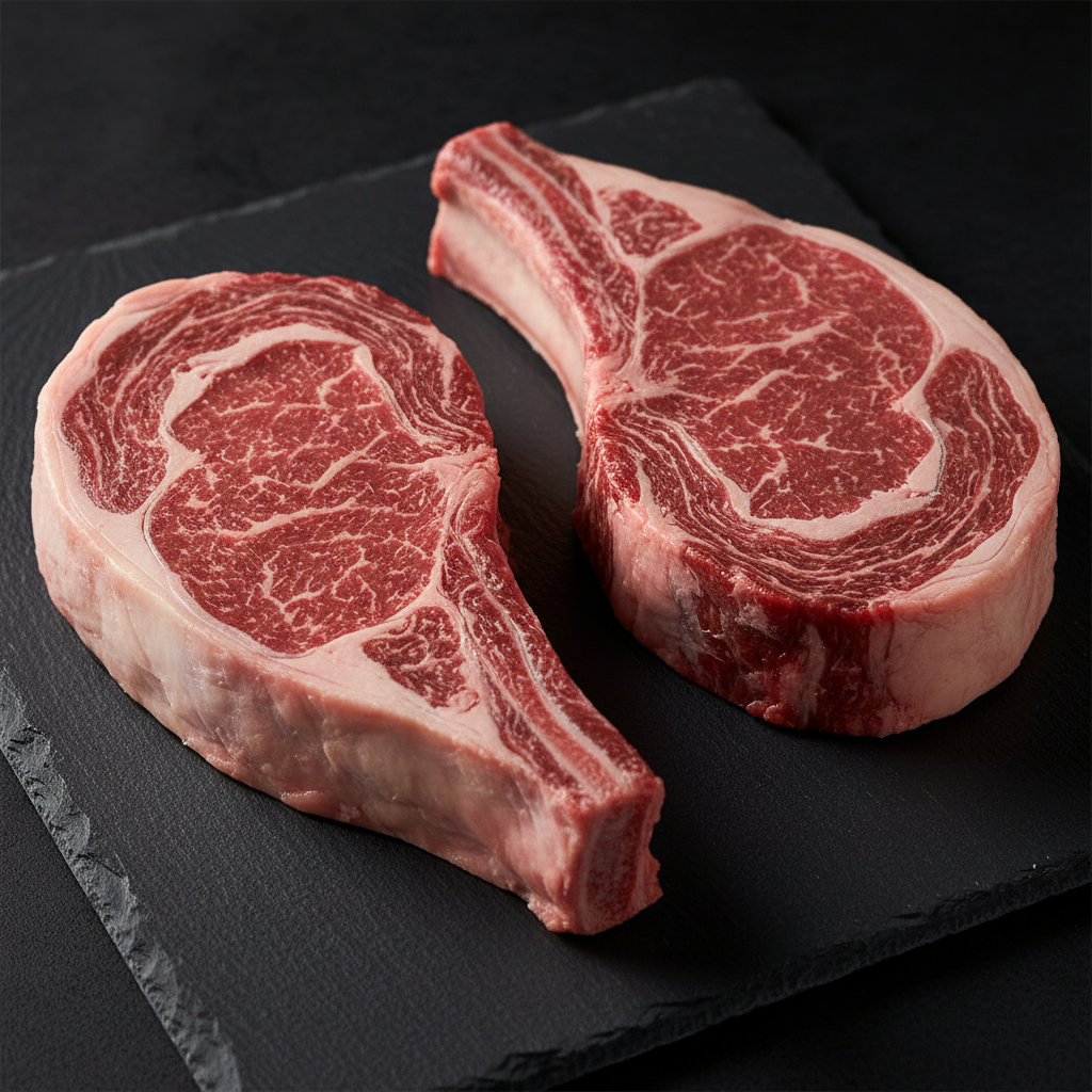 Bone-In Ribeye Cowboy Cut steaks with curved rib bone on dark slate